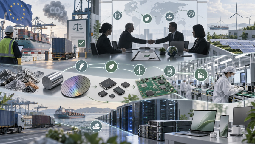 The image depicts a series of interconnected graphics showcasing various aspects of the renewable energy industry, including solar panels, wind turbines, a shipping container, a legal document, and a computer setup, all linked by arrows to illustrate the interconnectedness of these elements.AI 產生的內容可能不正確。